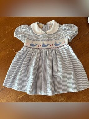 Carriage Boutique Blue and White Smocked Seersucker Dress Size 6M